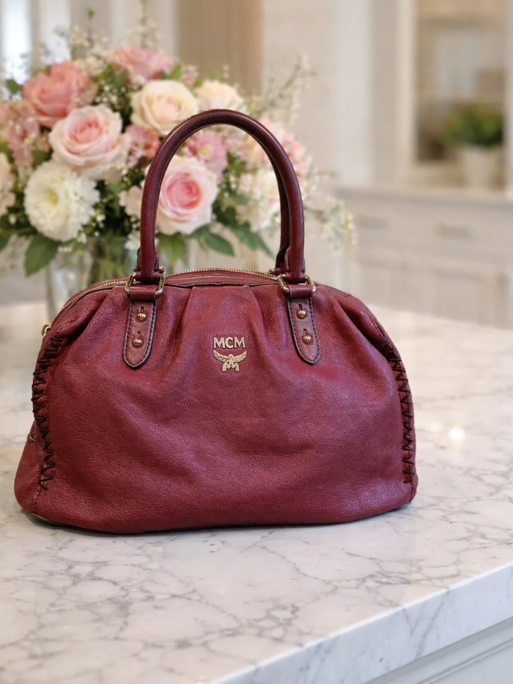 MCM Burgundy Leather Top-Handle Satchel - Picture 1 of 5